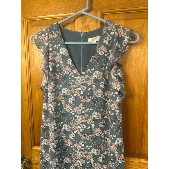 LOFT XS Petite Gray & Pink Floral Ruffle Sleeveless Dress - V-Neck Mini Sundress - Picture 2 of 9